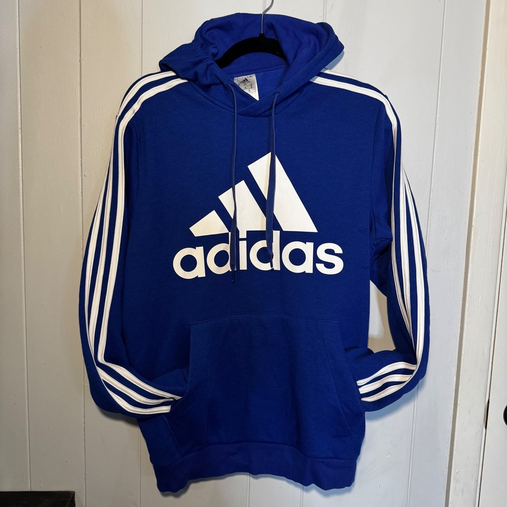 Adidas Essentials 3-Stripe Pullover Hoodie Royal Blue White Logo Mens Medium